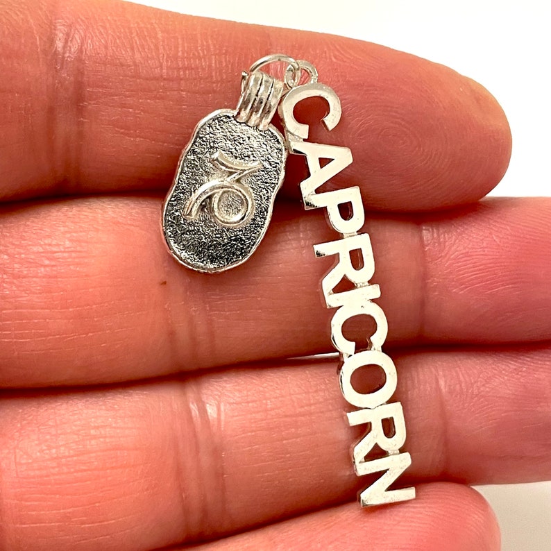 May include: Silver charm with a Capricorn zodiac symbol and the word "CAPRICORN" spelled vertically.