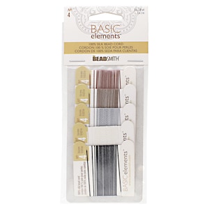 May include: A pack of five spools of 100% silk bead cord in brown, beige, gray, white, and black. The spools are labeled "Basic Elements" and "Beadsmith".
