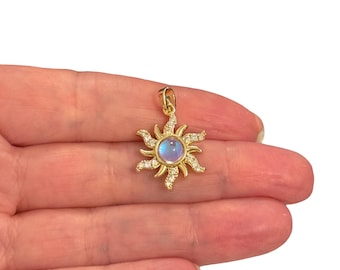 24Kt Gold Plated Opalescent Sun Pendant with CZ – Iridescent Celestial Sunburst Charm, 26x17mm