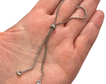 Rhodium Plated Adjustable Box Chain Slider Bracelet Blanks With Clear CZ