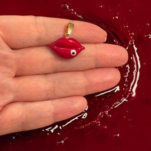 24Kt Gold Plated Cherry Kiss Murano Glass Pendant – Handmade Red Glass Lips Charm,