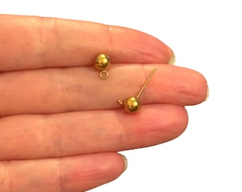 Waterproof 24Kt PVD Gold Plated 316L Stainless Steel 6mm Ball Stud Earring Posts With Loop – Hypoallergenic, 1 Pair