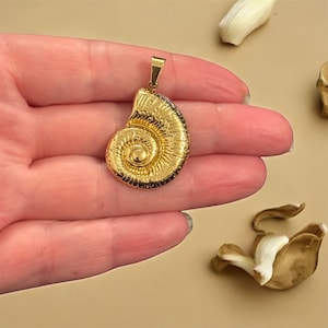 Op de afbeelding: Een goudkleurige hanger in de vorm van een nautilusschelp. De hanger heeft een spiraalvormig ontwerp en een kleine lus voor een ketting. De schelp is gedetailleerd met getextureerde ribbels en een donkere rand.