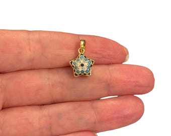 24Kt Gold Plated Blue & Turquoise CZ Star Pendant – 3D Pavé Cubic Zirconia Charm, 17x11x8mm