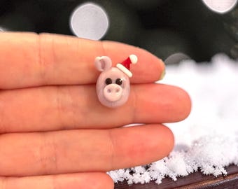 Christmas Pig Handmade Murano Glass Charm – Pink Pig with Santa Hat, 21x14mm