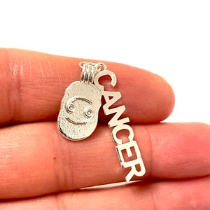 May include: Silver charm necklace with a Cancer zodiac symbol and the word "Cancer" spelled vertically.