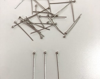 Rhodium Plated Ball Point Headpins, 0.5mm (24 Gauge) by 30mm, Rhodium Plated Brass Ball Head Pins