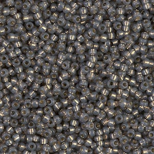 May include: A close-up view of a large quantity of small, round, grey glass beads with a metallic gold finish.