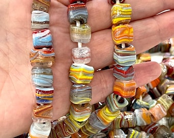 Traditional Turkish Artisan Handmade Cube Glass Beads, Large Hole Glass Beads, 25 Beads in a pack