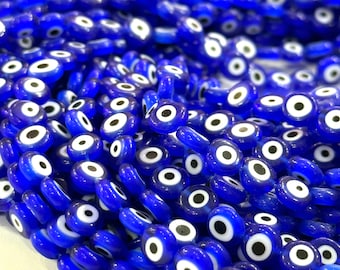 Evil Eye Beads, Strand of 48, Flat Round, 8mm Glass Beads,  Lampwork Glass, Evil Eye Jewelry, Lampwork Beads, UK Beading Supply