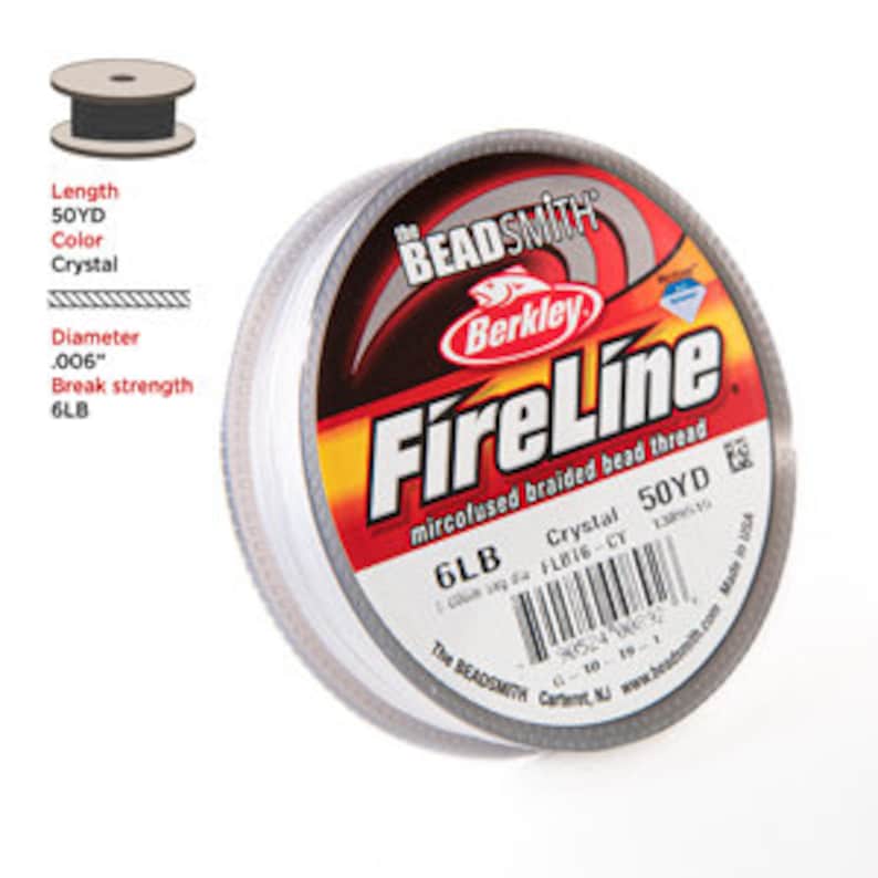 May include: A spool of clear FireLine braided bead thread by Berkley. The label indicates a 50-yard length, crystal color, .006" diameter, and 6LB break strength. The spool is round with a gray rim and a red and white label.