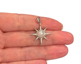 Rhodium Plated White Pearl North Star Pendant with CZ – Celestial Compass Star Charm, 26x17mm