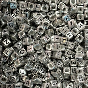 6mm Acrylic Cube Silver Alphabet Beads With Black Letters, Assorted 1000 pcs in a pack