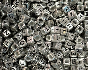 6mm Acrylic Cube Silver Alphabet Beads With Black Letters, Assorted 1000 pcs in a pack
