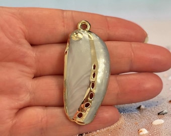 24Kt Gold Plated Long Shell Pendant, Realistic Sea Shell Charm, Elongated Shell Pendant, Gold Back Statement Charm 52mm
