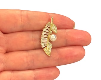24Kt Gold Plated Baguette CZ Leaf Pendant with Pearl – Elegant Botanical Branch Charm, 33x14mm