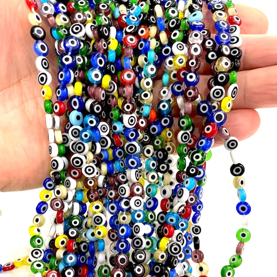 Evil Eye Beads, Strand of 65, Flat Round, 6mm Glass Beads