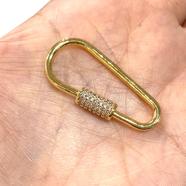 24Kt Gold Oval Screw Clasp 37x16mm 24Kt Gold Plated Carabiner Clasp Micro Pave Gold Screw Clasp