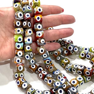 Traditional Turkish Artisan Handmade Cube Four Sided Evil Eye Glass Beads, Large Hole Glass Beads, 5 Beads in a pack