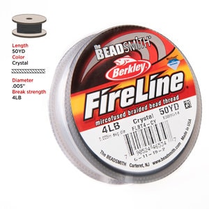 May include: A spool of clear FireLine microfused braided bead thread by Berkley. The spool is labeled with the brand name, product name, and details like 4LB test strength, Crystal color, and 50 yards of thread.