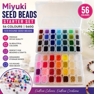 Set de iniciación de cuentas de semillas Miyuki, 56 colores, 560 g, cuentas redondas de semillas 11/0 en recipiente.