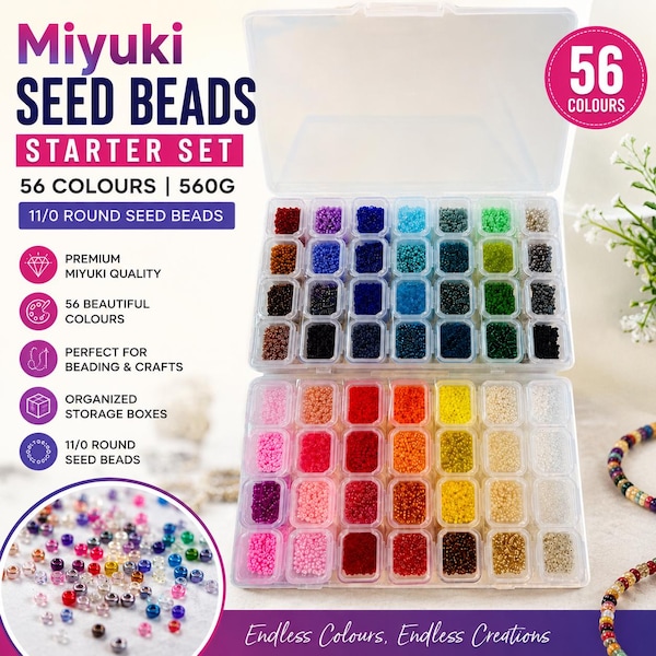 Set de iniciación de cuentas de semillas Miyuki, 56 colores, 560 g, cuentas redondas de semillas 11/0 en recipiente.