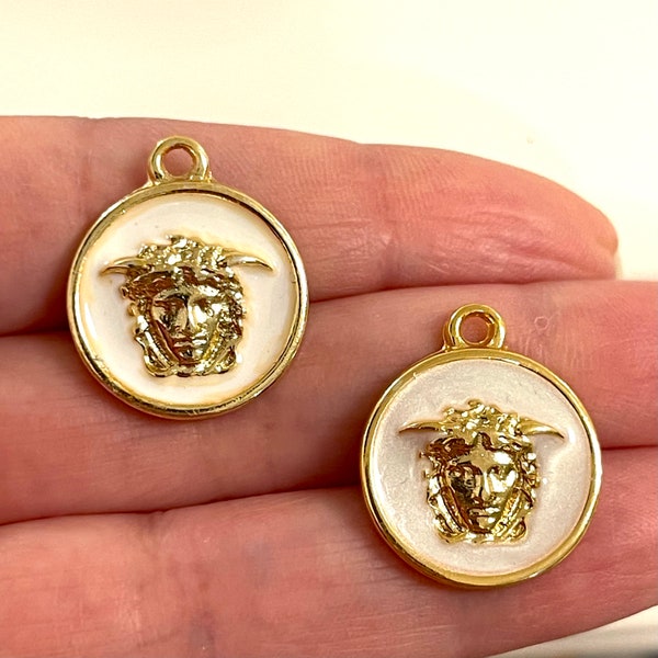 24Kt Gold Plated White Enamelled Medusa Charms, 2 Pcs in a pack