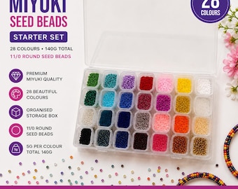 Kit de iniciación de cuentas de semillas Miyuki, 28 colores, 140 g, cuentas de semillas redondas 11/0.