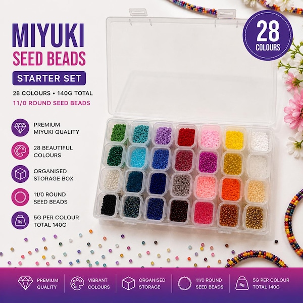 Miyuki Seed Beads Starter Set, 28 Colours 140 Gr 11/0 Round Seed Beads