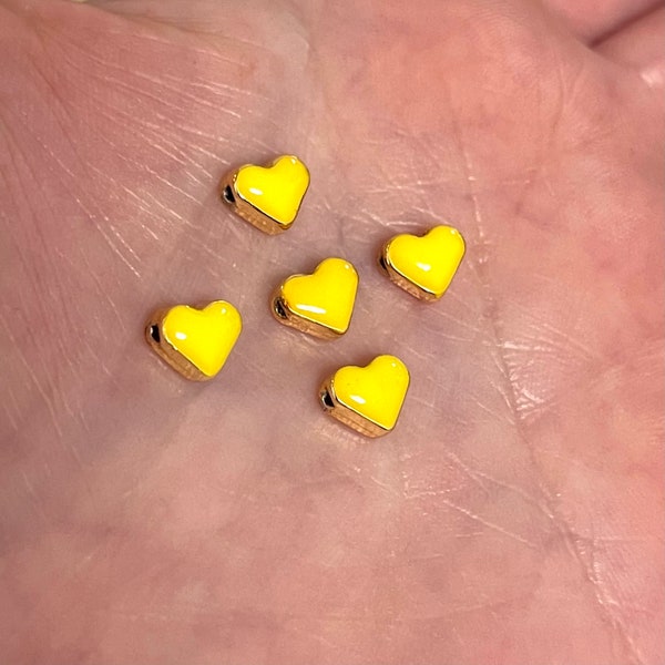 24Kt Shiny Gold Plated Neon Yellow Enamelled Heart Spacer Charms, 5 pcs in a pack