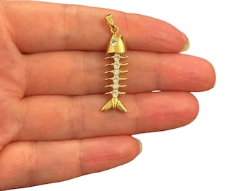 24Kt Gold Plated Fish Skeleton CZ Pendant – 37x10mm