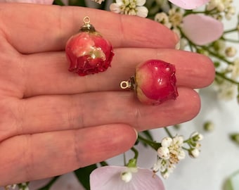 Natural Dried Red Rose Bud Charm with 24Kt Gold Plated Loop – Real Preserved Flower Pendant, 29x16mm