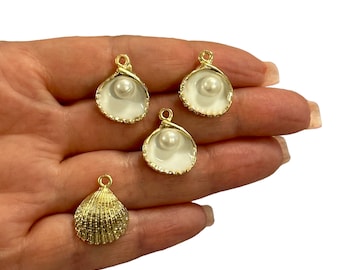 24Kt Gold Plated White Enamelled Oyster Charms With Pearl, 4 pcs in a pack