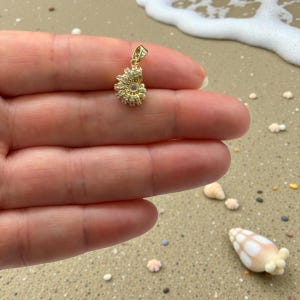 Könnte beinhalten: Ein goldfarbener Anhänger in Form einer Muschel, besetzt mit kleinen, klaren Edelsteinen. Der Anhänger wird in einer Hand vor einem sandigen Strandhintergrund mit Muscheln und Meerschaum gehalten.