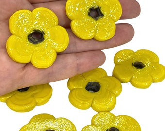 Artisan Handmade Chunky Yellow Glass Flower Beads, Size Between 35 - 40mm, 2 pcs in a pack