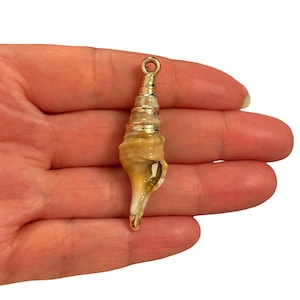 May include: A gold-coloured seashell pendant with a spiral design. The pendant has a loop at the top for attaching to a chain or cord. The shell is a light tan colour with gold accents.