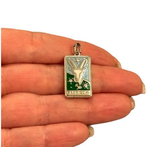 Peut inclure: Charme en argent avec un design en émail bleu et vert représentant une tête de chèvre blanche avec le mot "CAPRICORNE" inscrit en bas.