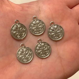 Rhodium  Plated Clover Coin Charms, 5 Pcs in a pack