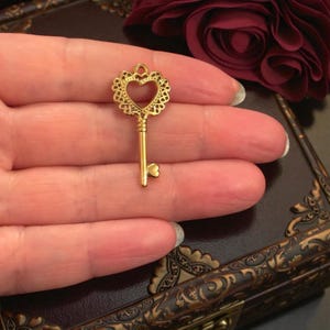 以下が含まれることがあります： ハート型の切り抜きと装飾的なディテールが施された、金色のキーペンダント。 手に持たれており、背景は暗く、右上にバーガンディ色のバラがあります。 キーのデザインには、ハート型の切り抜きと繊細なフィリグリーが含まれています。