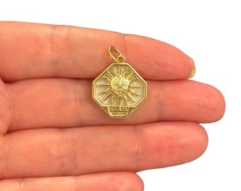 24Kt Gold Plated The Sun Tarot Card Pendant – Mother of Pearl Celestial Charm, 24x17mm