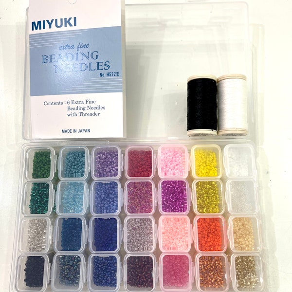 Miyuki Rocailles-Starter-Set, 28 Farben, 140 g, 11/0 runde Rocailles, Nadel, Faden, Behälter