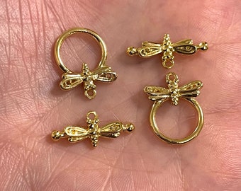 2 Sets 24Kt Shiny Gold Plated Dragonfly Toggle Clasps,