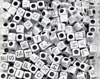 Acrylic cube white with silver letters beads for jewellery making,500 pcs pack