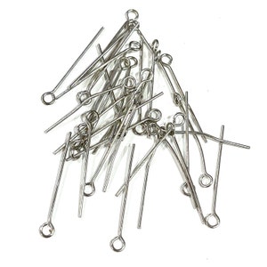 30mm Rhodium Plated Brass Eye pins, 0.7mm by 30mm, Rhodium Eye Pins 30mm
