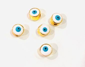 6mm 24K Gold Plated Evil Eye Beads, 6mm 24K Gold Plated Evil Eye Spacers, 5 Pcs in a Pack