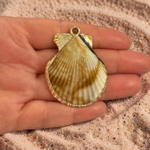 Puede incluir: Un colgante de concha dorada con un diseño de concha natural. El colgante presenta una superficie detallada y texturizada con un borde dorado y un lazo para colgar. La concha tiene una combinación de colores crema y marrón, evocando un tema de playa.