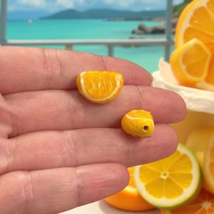 May include: Two miniature orange fruit slices, one a wedge and the other a small round piece, are held in a hand. The orange slices have a white rind and are set against a blurred background of a beach scene and other orange slices.