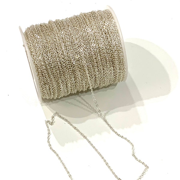 16.5 Foot, 5 Meters Bulk 1,5X2mm Bulk Silver Plated Cable Chain, Silver Plated Soldered Chain