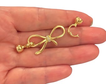 24Kt Gold Plated CZ Bow Hook Clasp – Decorative Ribbon Jewellery Necklace Bracelet Connector, 52x17mm