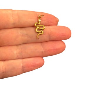 Puede incluir: Un colgante de serpiente en tono dorado con una pequeña piedra preciosa redonda y transparente engastada en la cabeza. El colgante tiene un acabado liso y pulido, con una pequeña anilla circular en la parte superior para sujetarlo a una cadena.